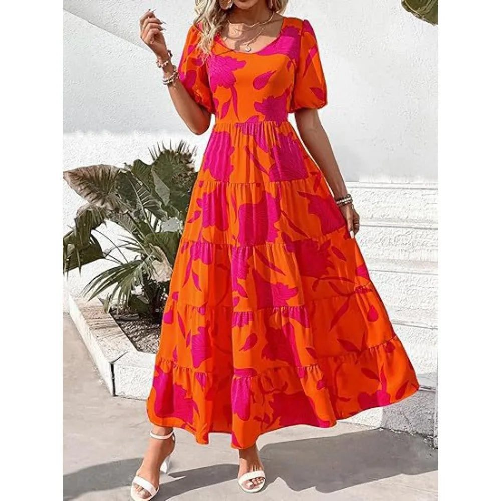 Puff-sleeved gathered open-back printed tiered short-sleeve dress