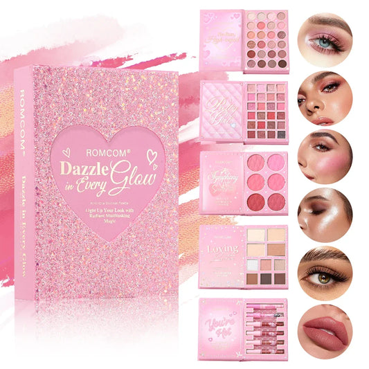 All-in-One 5-Page Makeup Magic Book: Full Kit with Multi-Shade Eyeshadow, Blush, Highlighter, Contour & Glossy Lip Gloss