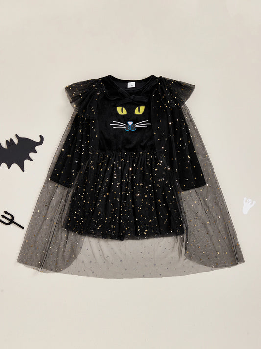 Girls Halloween Witch Costume Long Sleeve V Neck Tulle Patchwork Dress with Hat and Broomstick