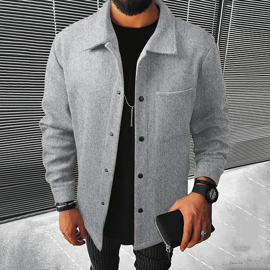Polyester Brushed Short Jacket for Men, Lapel Button-Down Pocket Coat, Comfortable Casual Autumn Winter Office Business Wear
