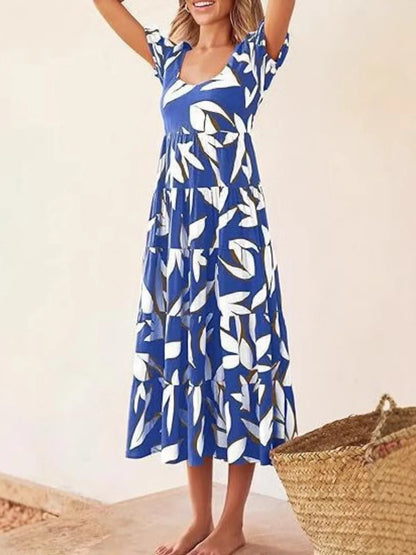 Puff-sleeved gathered open-back printed tiered short-sleeve dress