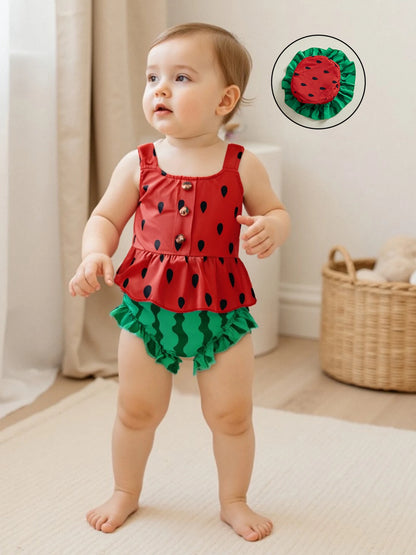 Girls 3 Piece Pineapple Outfits Sleeveless Button Cami Tops Ruffle Trim PP Shorts Hat Sets - Summer Fun Fashion