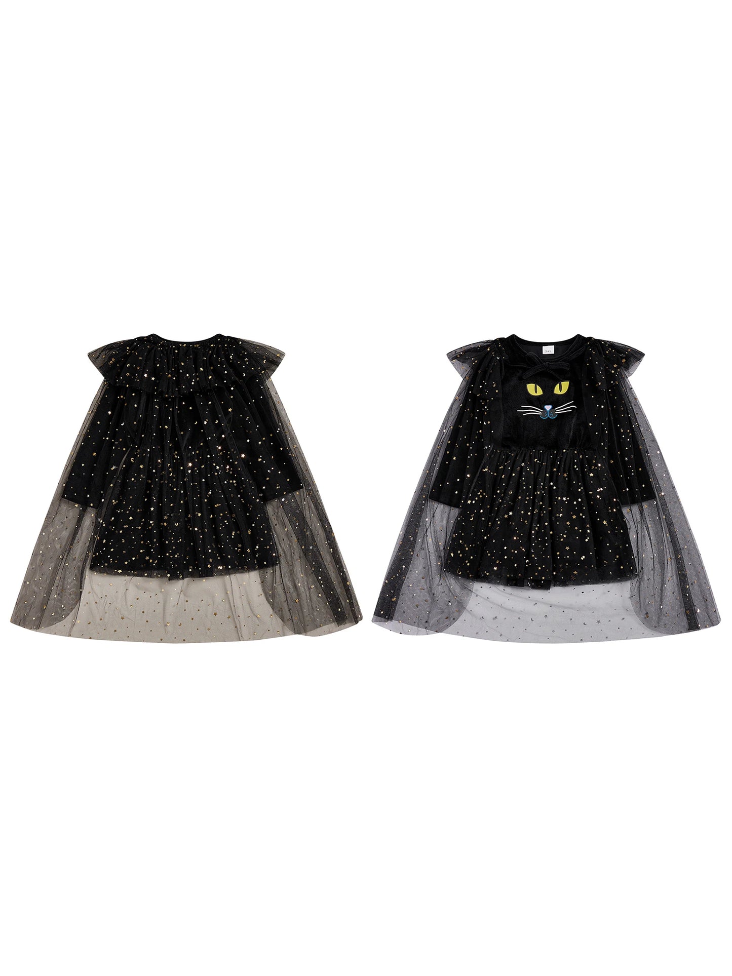 Girls Halloween Witch Costume Long Sleeve V Neck Tulle Patchwork Dress with Hat and Broomstick