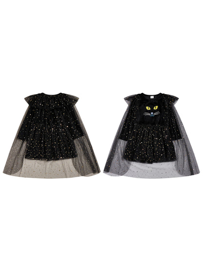 Girls Halloween Witch Costume Long Sleeve V Neck Tulle Patchwork Dress with Hat and Broomstick