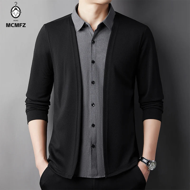 Men's Casual Long Sleeved Shirt Fake Two Piece Comfortable Outdoor Cardigan Korean Version Solid Color Fashionable Versatile Top