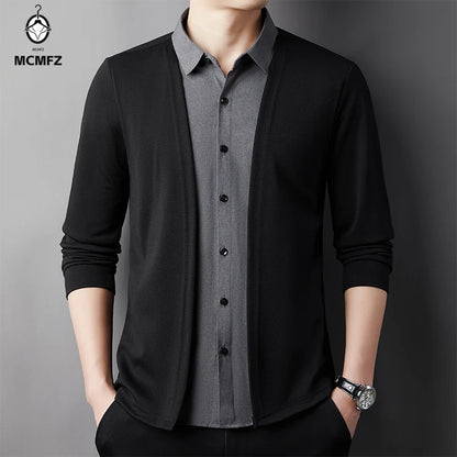 Men's Casual Long Sleeved Shirt Fake Two Piece Comfortable Outdoor Cardigan Korean Version Solid Color Fashionable Versatile Top