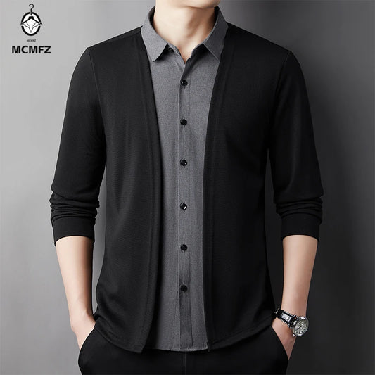 Men's Casual Long Sleeved Shirt Fake Two Piece Comfortable Outdoor Cardigan Korean Version Solid Color Fashionable Versatile Top