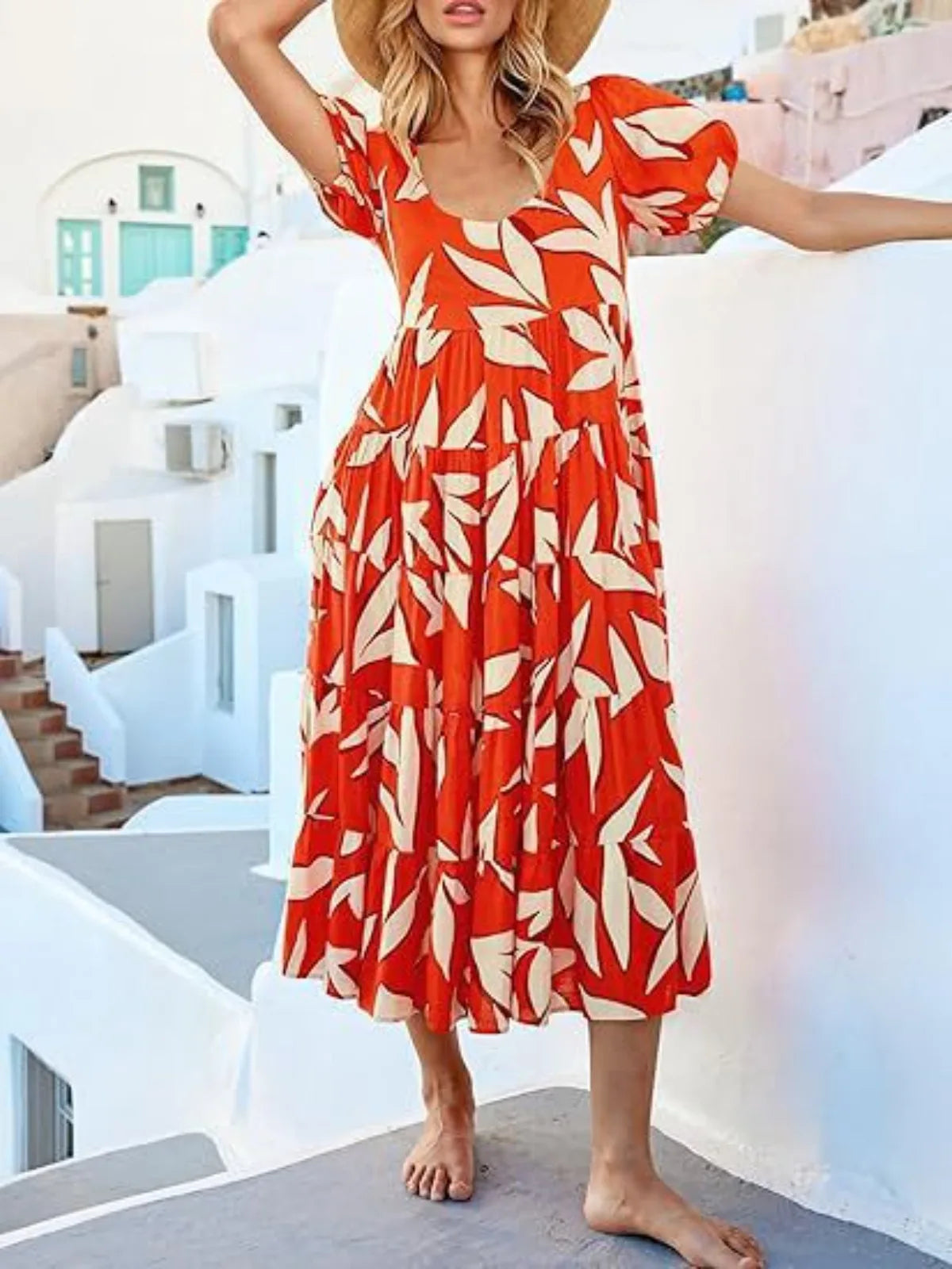 Puff-sleeved gathered open-back printed tiered short-sleeve dress