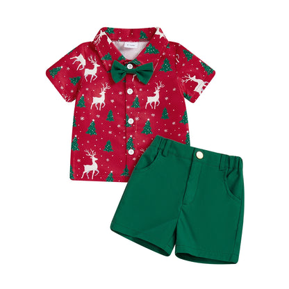 Adorable Infant Boys 2-Piece Set Stylish Short-Sleeve Shirt with Festive Christmas Print and Matching Solid Shorts for a