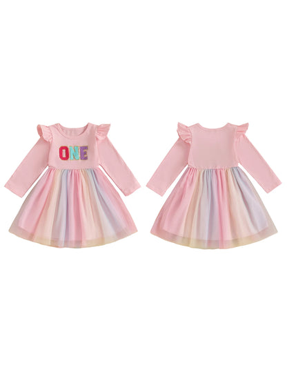 Cute Baby Girl Party Dress with Floral Embroidery Round Neck Long Sleeves Tulle Patchwork Princess Dress for Toddler s Birthday