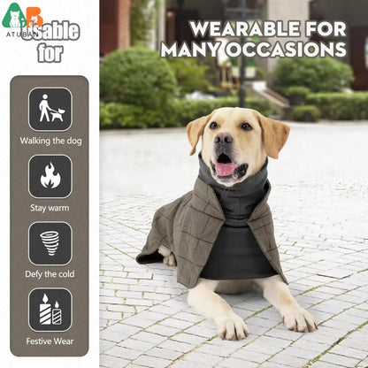 ATUBAN Warm Dog Coat English Plaid Dog Fleece Vest Windbreaker Jacket Winter Clothing Traction Eyelets Suitable for All Dog Type