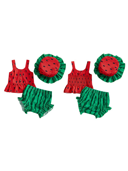 Girls 3 Piece Pineapple Outfits Sleeveless Button Cami Tops Ruffle Trim PP Shorts Hat Sets - Summer Fun Fashion