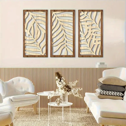 3pcs Modern Abstract Leaf Carving Wood Wall Decoration Tropical Palm Hollow Wooden Art Home Decor