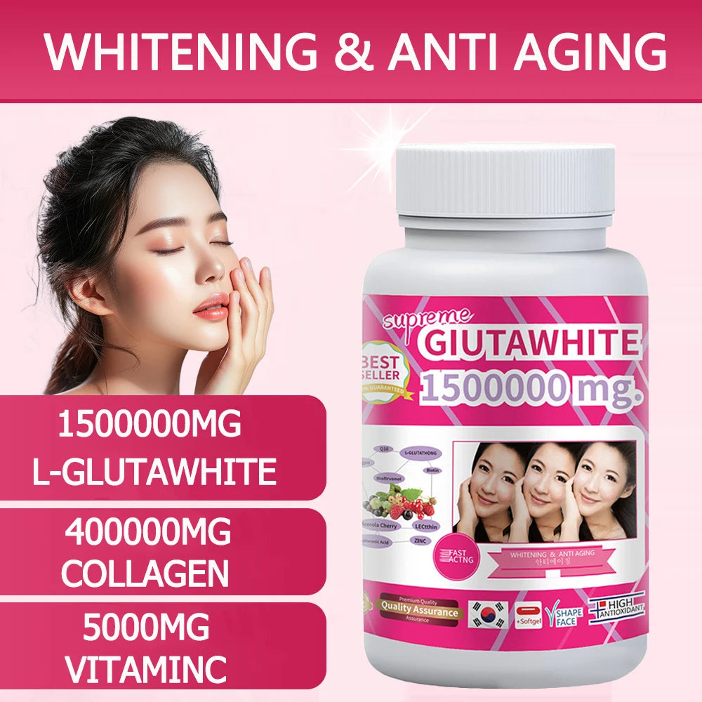 Gluta White 1500000mg. Collagen Stimulator Healthy Blood Circulation - Glutathione Skin Whitening Formula - 30 Softgel Capsules