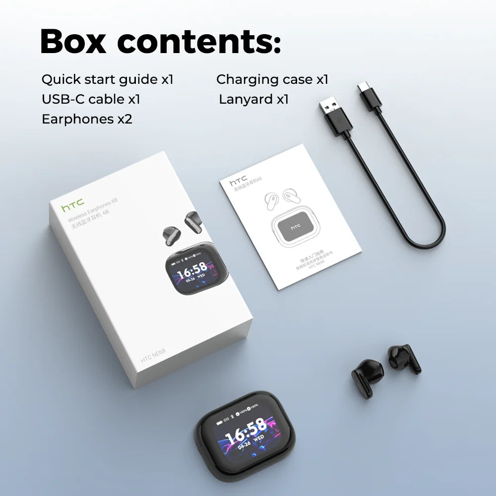 HD Screen Wireless Earphones Bluetooth Music Earbuds HTC NE68 150 Languages 30 hour Battery Life Clear Audio Comfortable Wearing