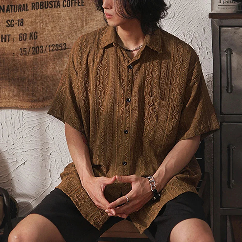 Men Casual Loose Hollow Out Short Sleeve Shirts with pockets Retro Fashion Vacation/Daily All-Match Tops Solid Color