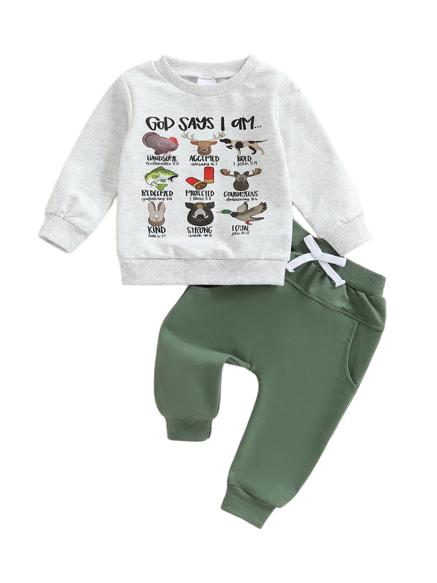 Infant Boys Stylish Autumn Ensemble Trendy Long Sleeve Top with Printed Letters and Matching Solid Pants - 2 Piece Set