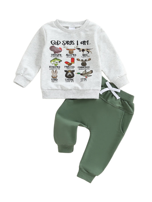 Infant Boys Stylish Autumn Ensemble Trendy Long Sleeve Top with Printed Letters and Matching Solid Pants - 2 Piece Set