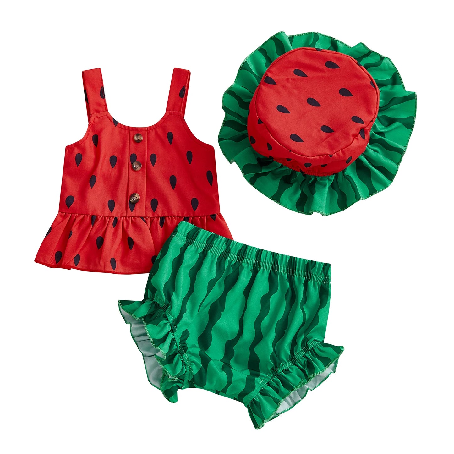 Girls 3 Piece Pineapple Outfits Sleeveless Button Cami Tops Ruffle Trim PP Shorts Hat Sets - Summer Fun Fashion