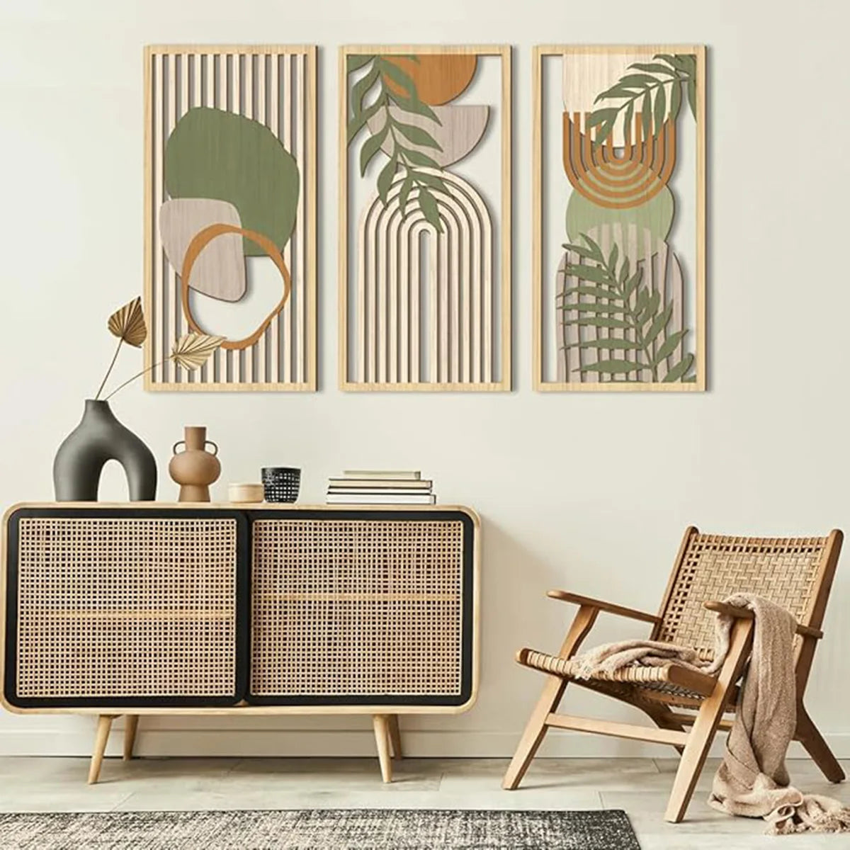 3pcs Bohemian Style Hollow Wooden Wall Art Abstract Geometry Decor for Bedroom Living Room Dining Room Porch