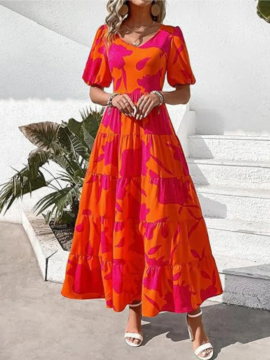 Puff-sleeved gathered open-back printed tiered short-sleeve dress