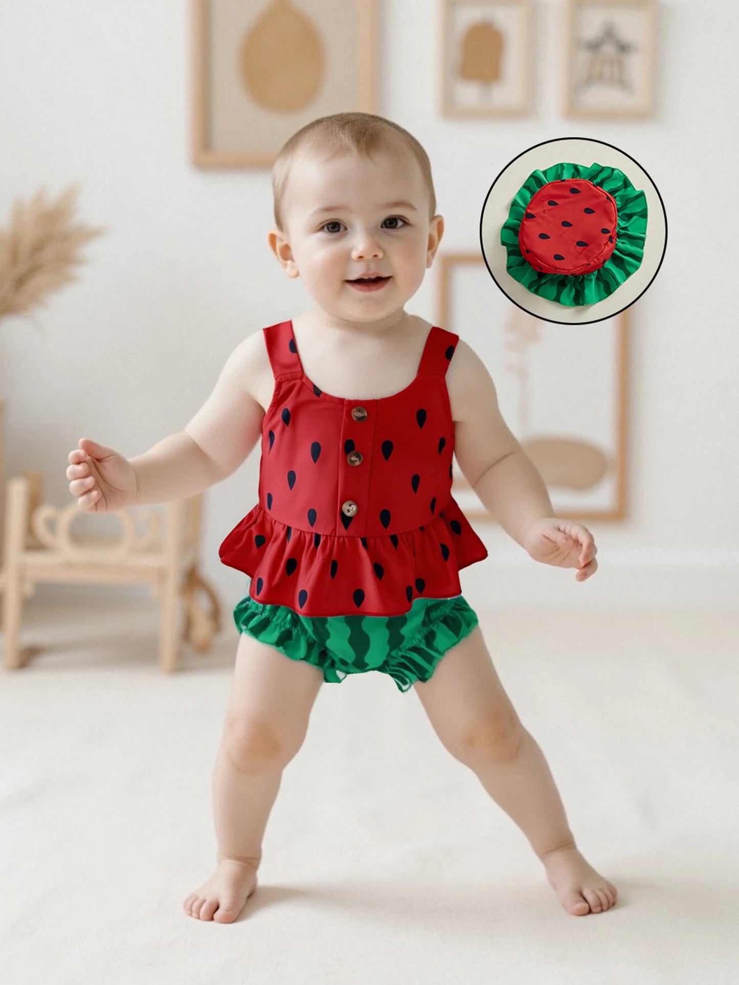 Girls 3 Piece Pineapple Outfits Sleeveless Button Cami Tops Ruffle Trim PP Shorts Hat Sets - Summer Fun Fashion
