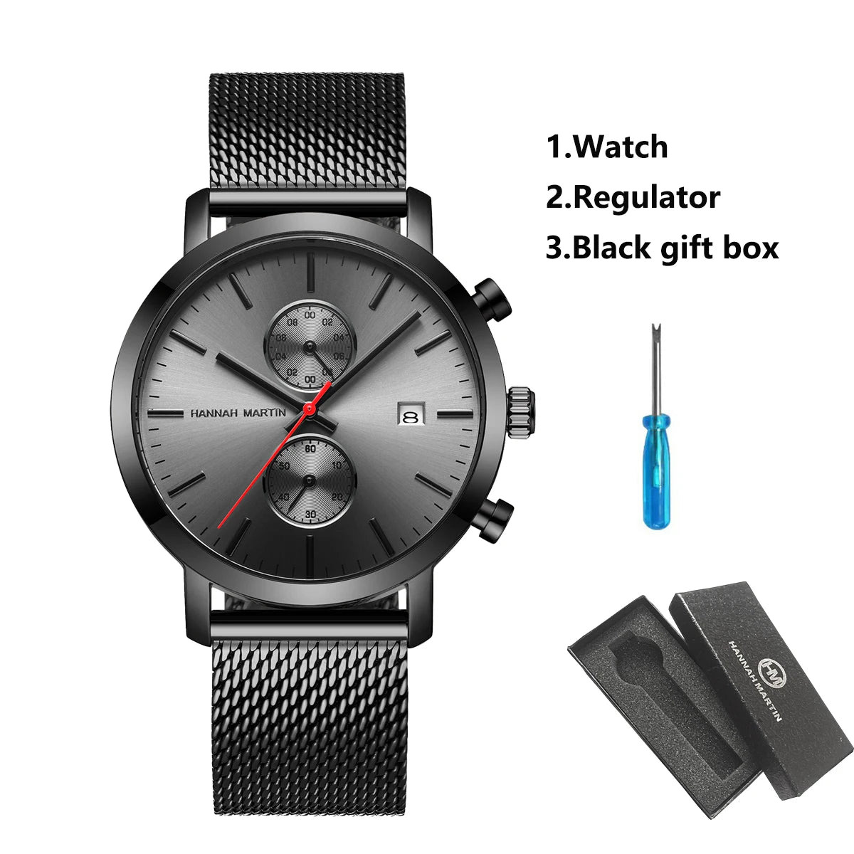 HANNAH MARTIN Brand Top Men Watch Black Stainless Steel Fashion Waterproof Sports Multifunctional Quartz Watch Relogio Masculino