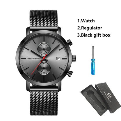 HANNAH MARTIN Brand Top Men Watch Black Stainless Steel Fashion Waterproof Sports Multifunctional Quartz Watch Relogio Masculino