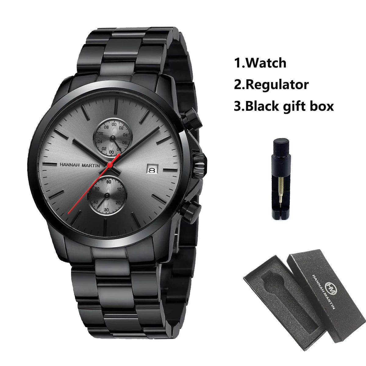 HANNAH MARTIN Brand Top Men Watch Black Stainless Steel Fashion Waterproof Sports Multifunctional Quartz Watch Relogio Masculino