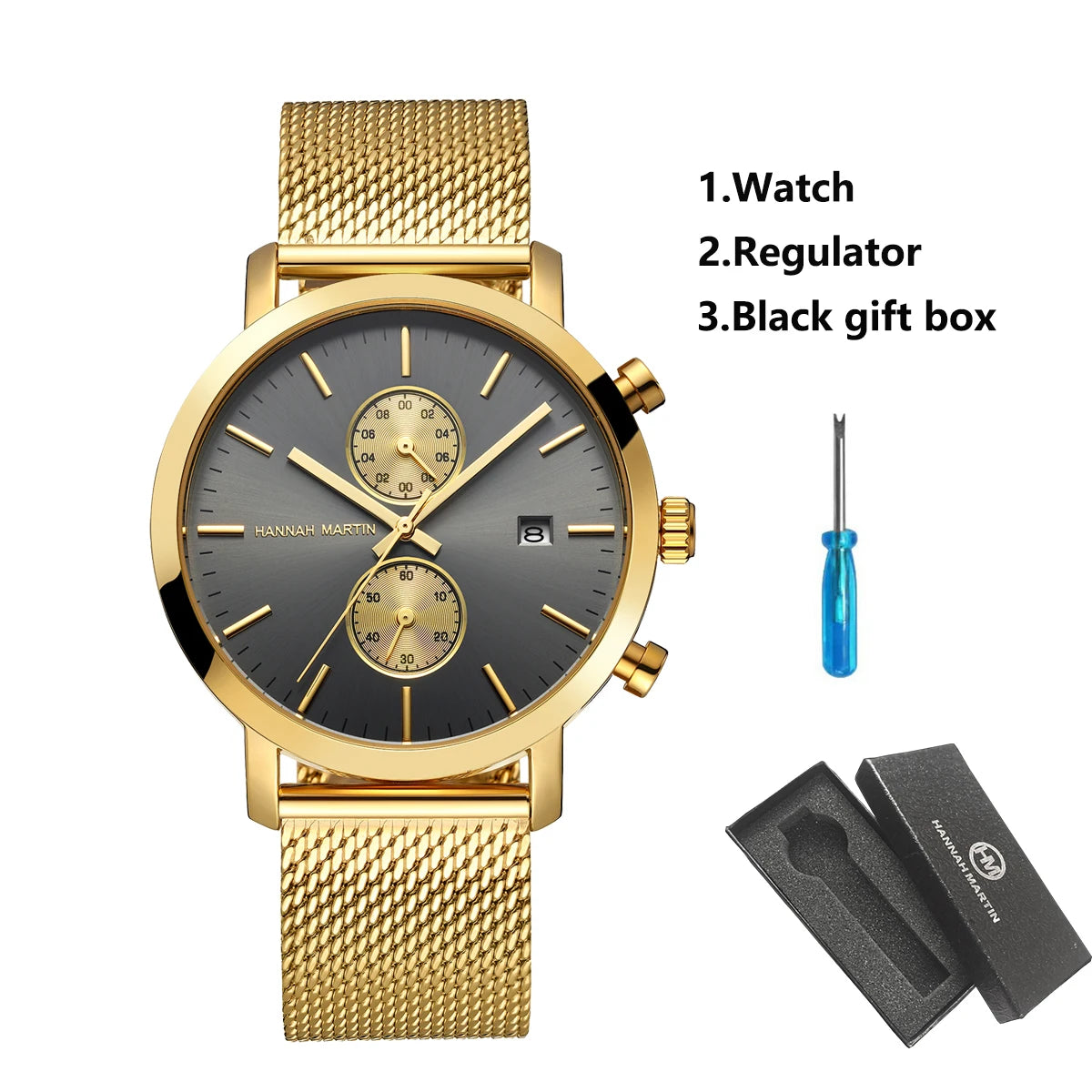 HANNAH MARTIN Brand Top Men Watch Black Stainless Steel Fashion Waterproof Sports Multifunctional Quartz Watch Relogio Masculino