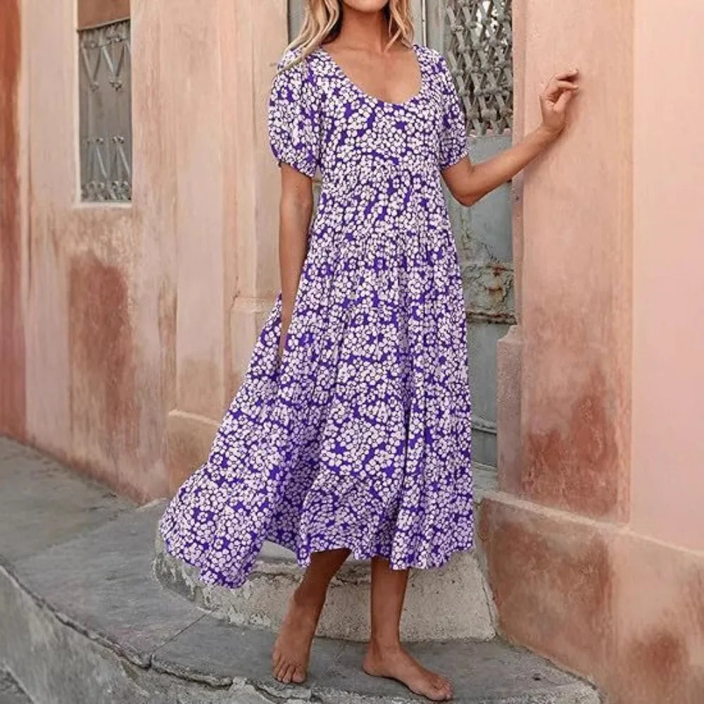 Puff-sleeved gathered open-back printed tiered short-sleeve dress