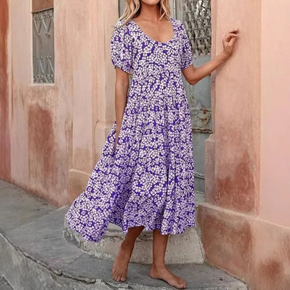 Puff-sleeved gathered open-back printed tiered short-sleeve dress