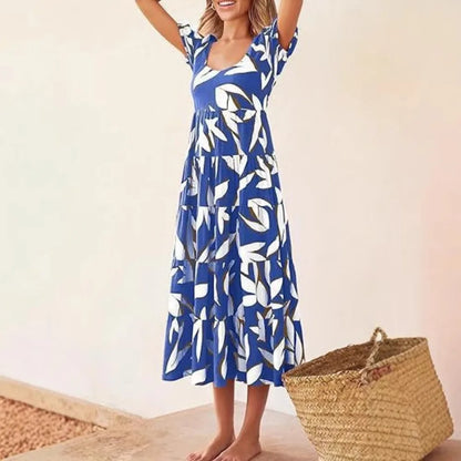 Puff-sleeved gathered open-back printed tiered short-sleeve dress