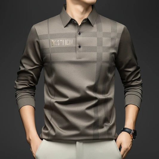 BROWON 2025 Spring Autumn Casual Golf Shirt Polo Man Plaid Pattern Soft Comfortable Long Sleeve Business Office Polo Shirt Men