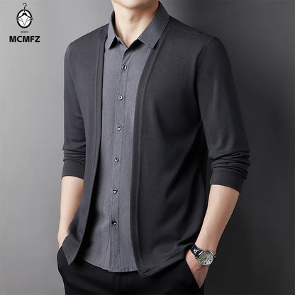 Men's Casual Long Sleeved Shirt Fake Two Piece Comfortable Outdoor Cardigan Korean Version Solid Color Fashionable Versatile Top