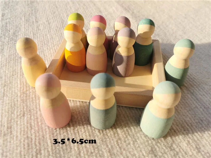 High Quality Wooden Toys Pastel Basswood Rainbow Stacking Blocks Pine Building Semi Sorting Peg Dolls Balls for Kids Play