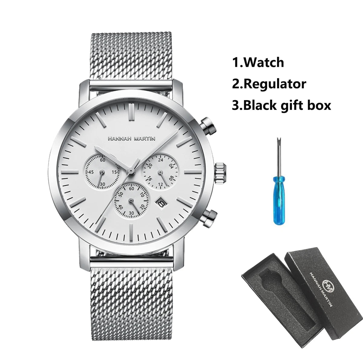 HANNAH MARTIN Brand Top Men Watch Black Stainless Steel Fashion Waterproof Sports Multifunctional Quartz Watch Relogio Masculino