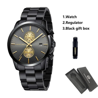 HANNAH MARTIN Brand Top Men Watch Black Stainless Steel Fashion Waterproof Sports Multifunctional Quartz Watch Relogio Masculino