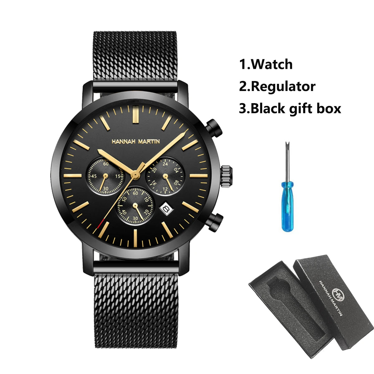 HANNAH MARTIN Brand Top Men Watch Black Stainless Steel Fashion Waterproof Sports Multifunctional Quartz Watch Relogio Masculino