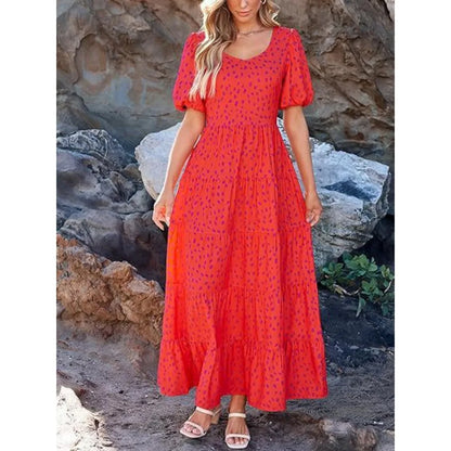 Puff-sleeved gathered open-back printed tiered short-sleeve dress