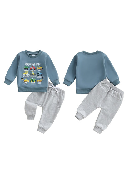 Infant Boys Stylish Autumn Ensemble Trendy Long Sleeve Top with Printed Letters and Matching Solid Pants - 2 Piece Set