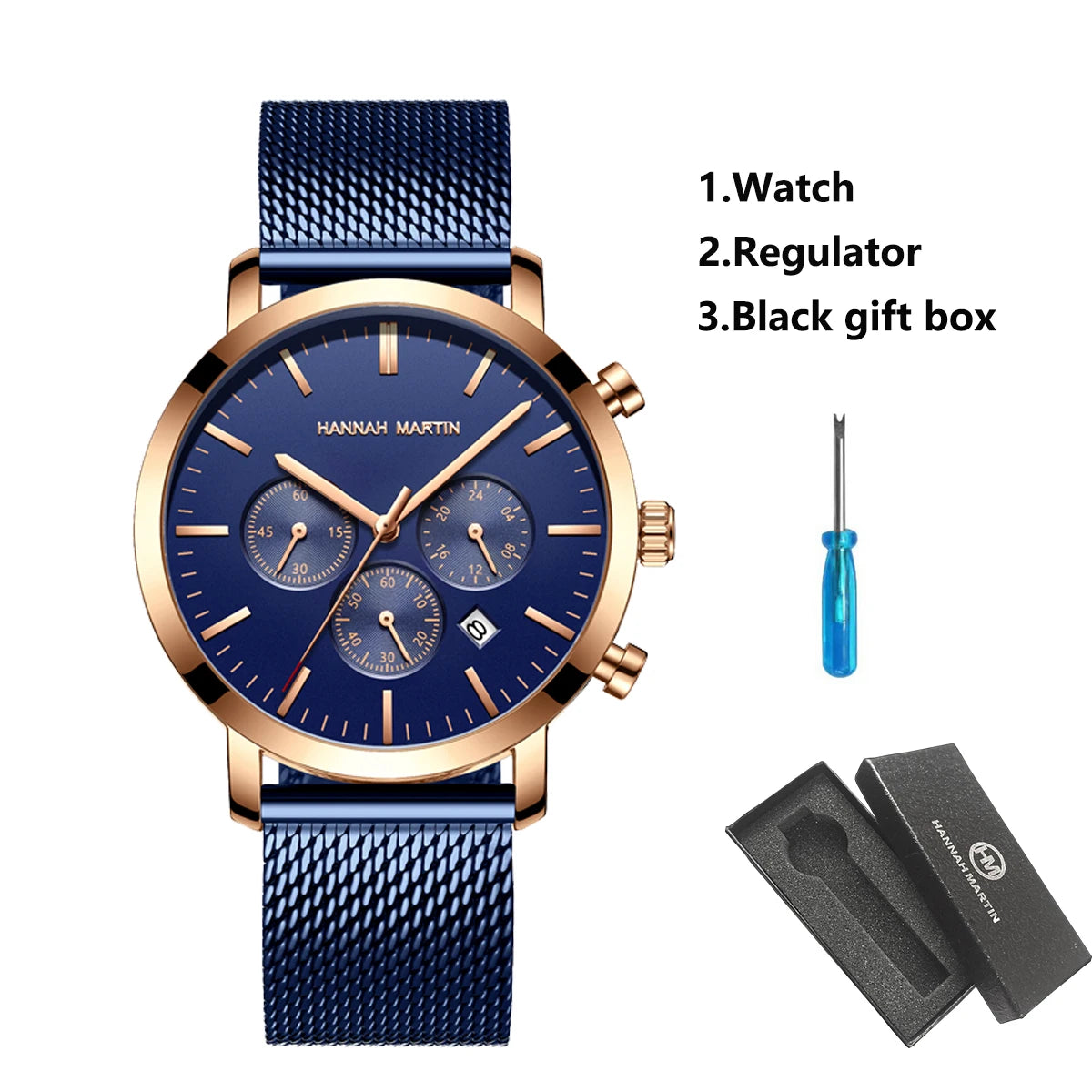 HANNAH MARTIN Brand Top Men Watch Black Stainless Steel Fashion Waterproof Sports Multifunctional Quartz Watch Relogio Masculino