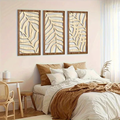 3pcs Modern Abstract Leaf Carving Wood Wall Decoration Tropical Palm Hollow Wooden Art Home Decor