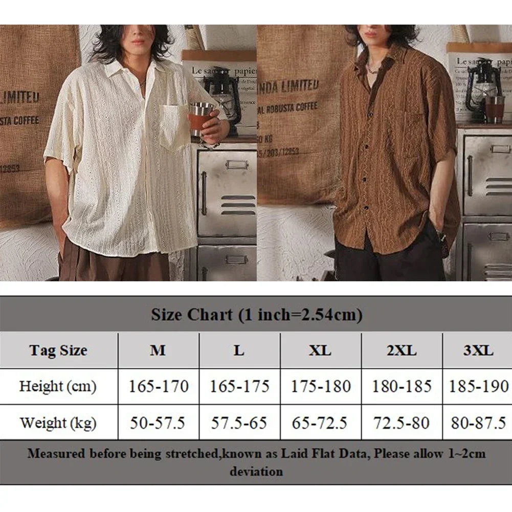 Men Casual Loose Hollow Out Short Sleeve Shirts with pockets Retro Fashion Vacation/Daily All-Match Tops Solid Color