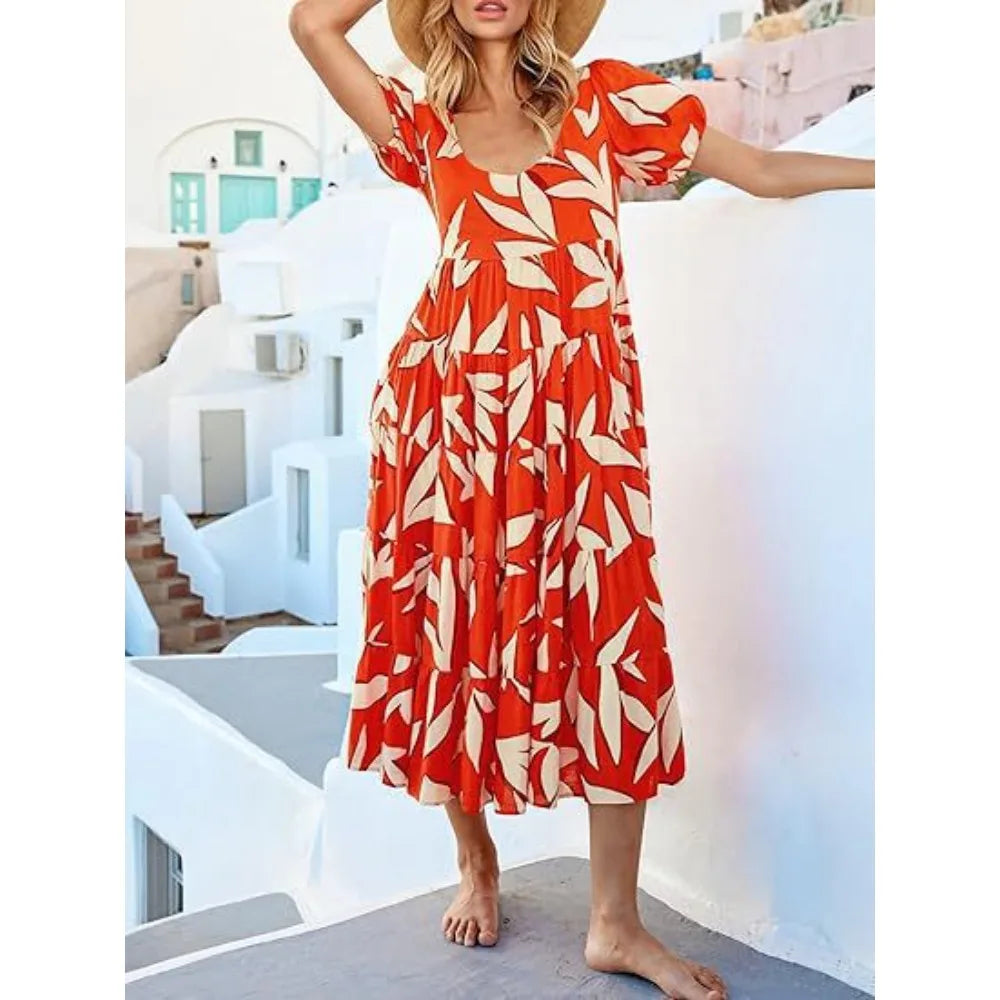 Puff-sleeved gathered open-back printed tiered short-sleeve dress