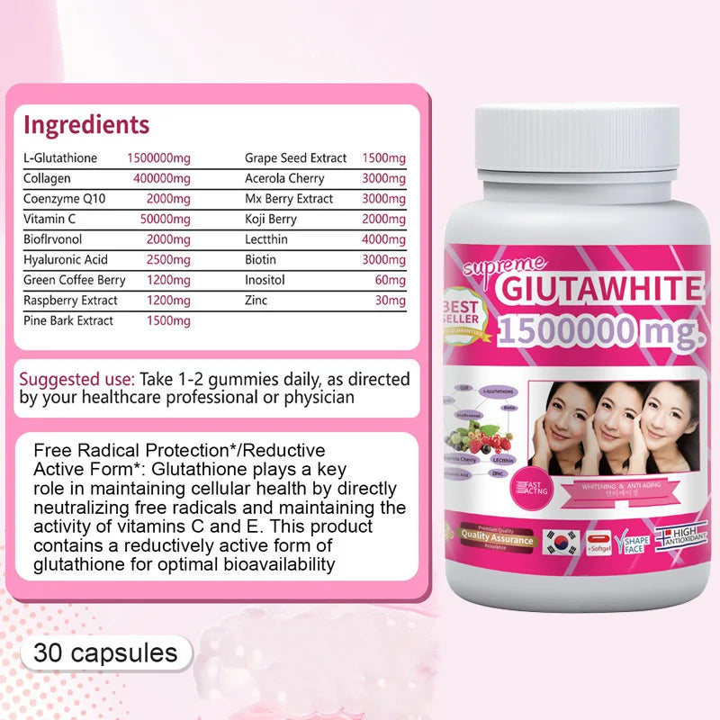 Gluta White 1500000mg. Collagen Stimulator Healthy Blood Circulation - Glutathione Skin Whitening Formula - 30 Softgel Capsules