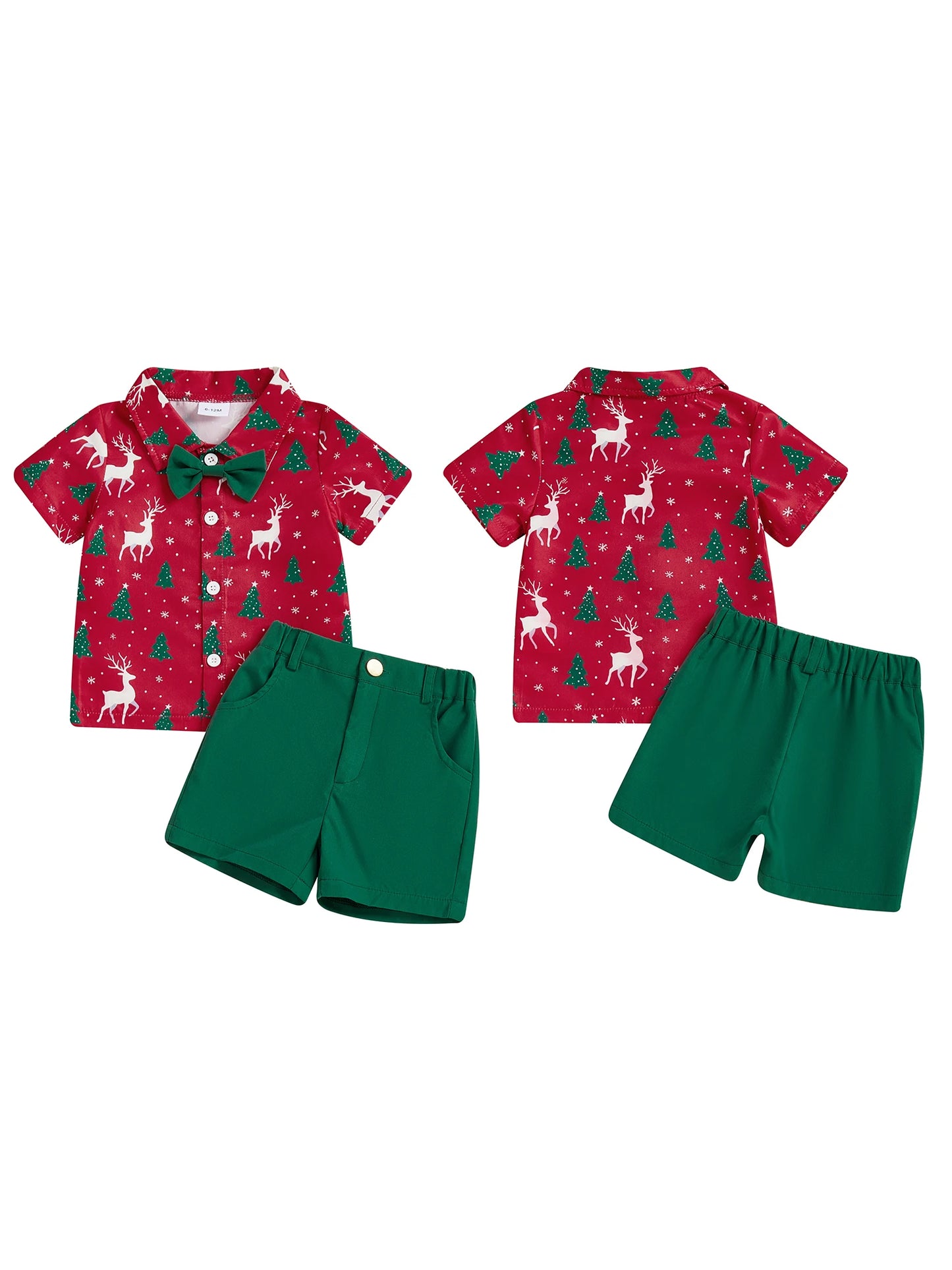 Adorable Infant Boys 2-Piece Set Stylish Short-Sleeve Shirt with Festive Christmas Print and Matching Solid Shorts for a