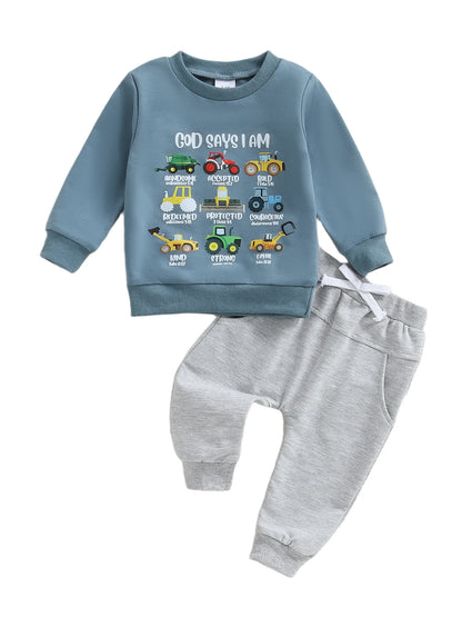 Infant Boys Stylish Autumn Ensemble Trendy Long Sleeve Top with Printed Letters and Matching Solid Pants - 2 Piece Set