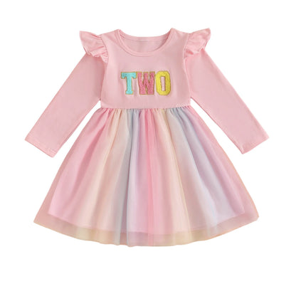 Cute Baby Girl Party Dress with Floral Embroidery Round Neck Long Sleeves Tulle Patchwork Princess Dress for Toddler s Birthday
