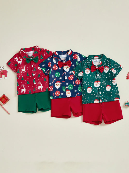 Adorable Infant Boys 2-Piece Set Stylish Short-Sleeve Shirt with Festive Christmas Print and Matching Solid Shorts for a
